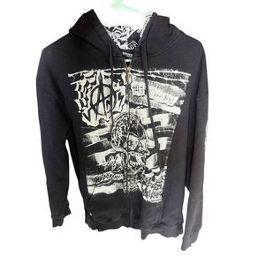 VANS Large black zip-up prominent graphic skull chaotic graffiti skater hoodie